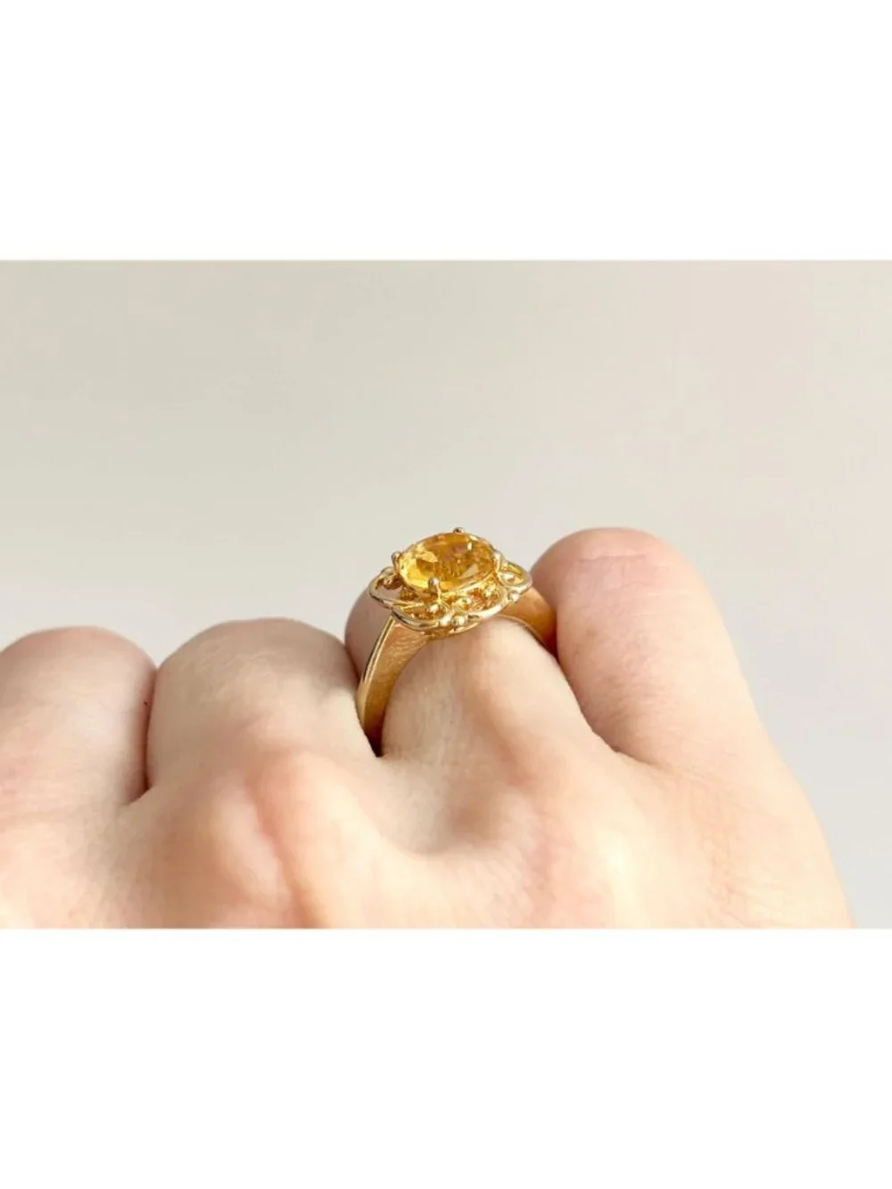 Gold Overlay Citrine Gemstone Solitaire Sterling Silver 925 Vintage Ring - sz 7